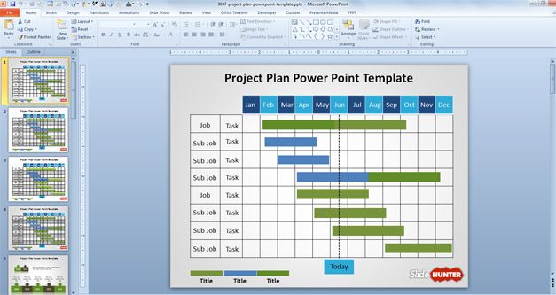 Free Project Plan PowerPoint Template showing a Gantt chart created with shapes