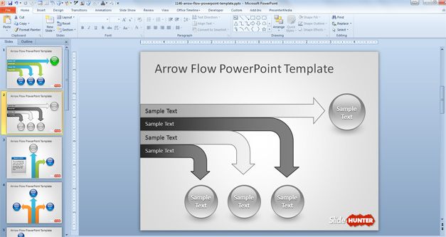 Horizontal Arrow Flow Chart Design with Gray Colors Horizontal Arrow Flow Chart Design PowerPoint Template with spheres and gray tones
